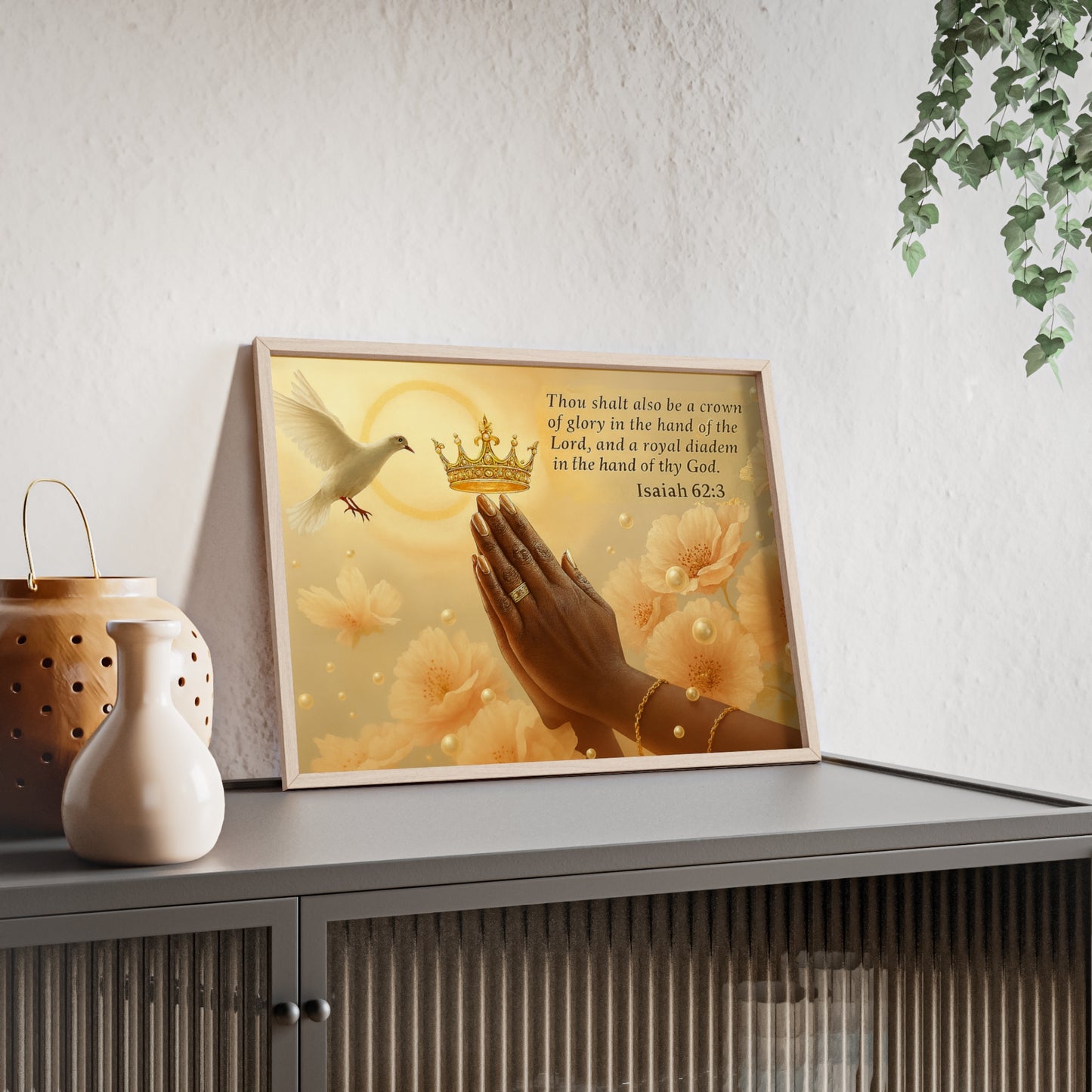 Isaiah 62:3 Crown & Praying Hands Framed Poster with Wooden Frame