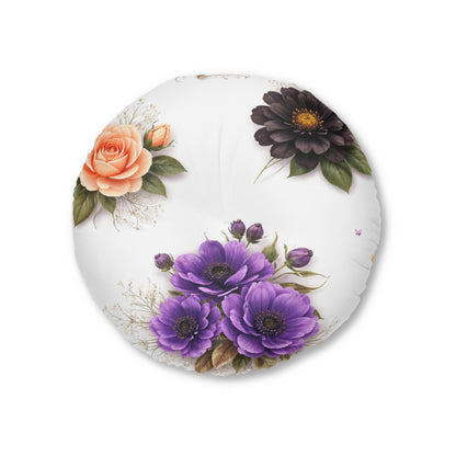 Round Tufted Floor Pillow — Vintage Floral Bouquet (Purple, Peach & Chocolate Blooms)