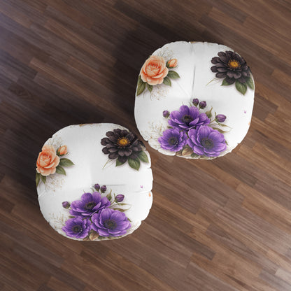 Round Tufted Floor Pillow — Vintage Floral Bouquet (Purple, Peach & Chocolate Blooms)