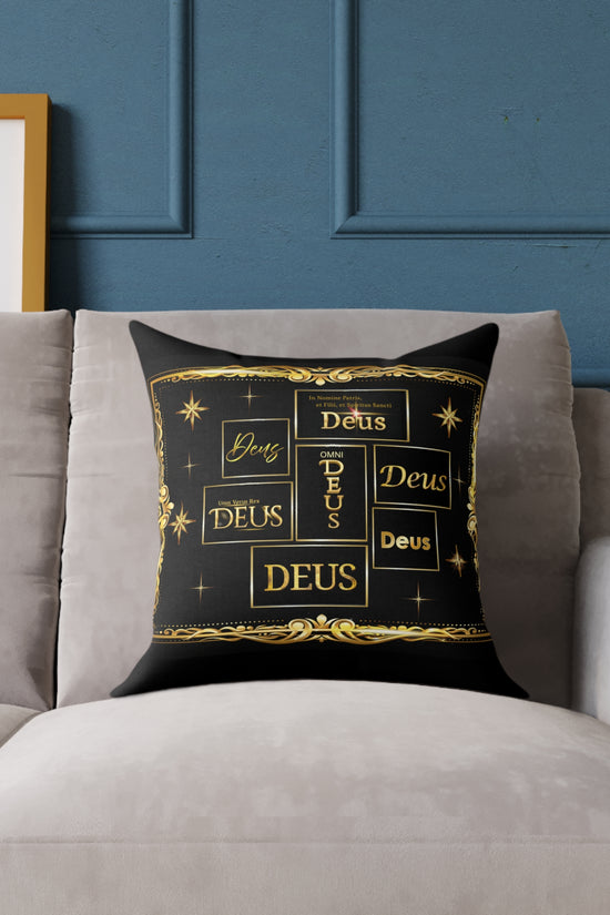 Deus Gold Foil Accent Pillow — Black Square Decorative Throw Pillow by Grace Canvas Shop