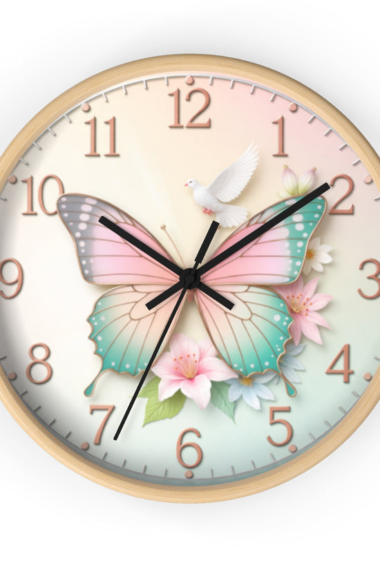 Pastel Butterfly Wall Clock — Floral Dove Decorative Clock for Nursery & Bedroom by Grace Canvas Shop