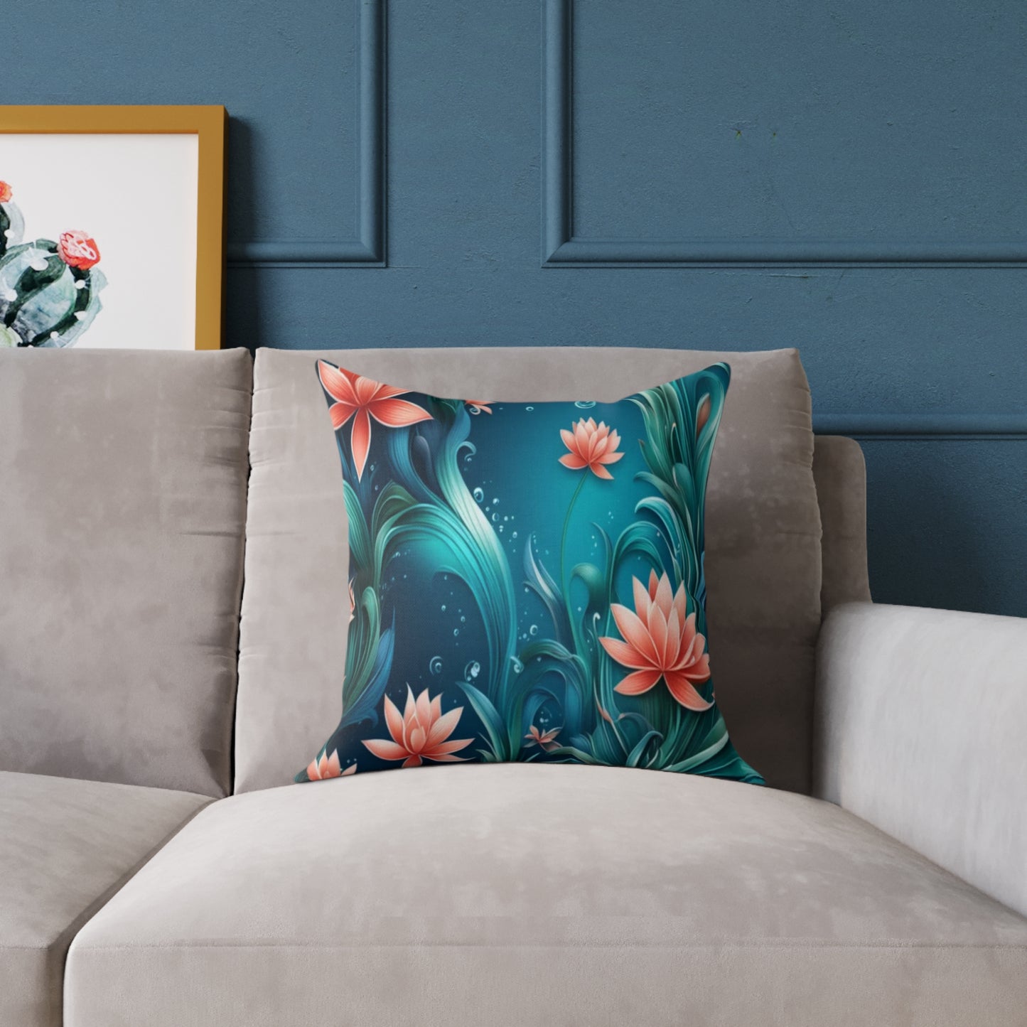 Floral Lotus Throw Pillow — Teal Watercolor Botanical Cushion