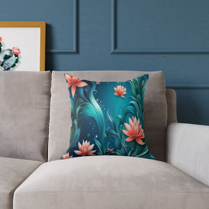 Floral Lotus Throw Pillow — Teal Watercolor Botanical Cushion