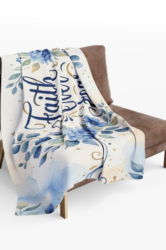 Faith Over Fear Fleece Blanket – Blue Floral Inspirational Throw