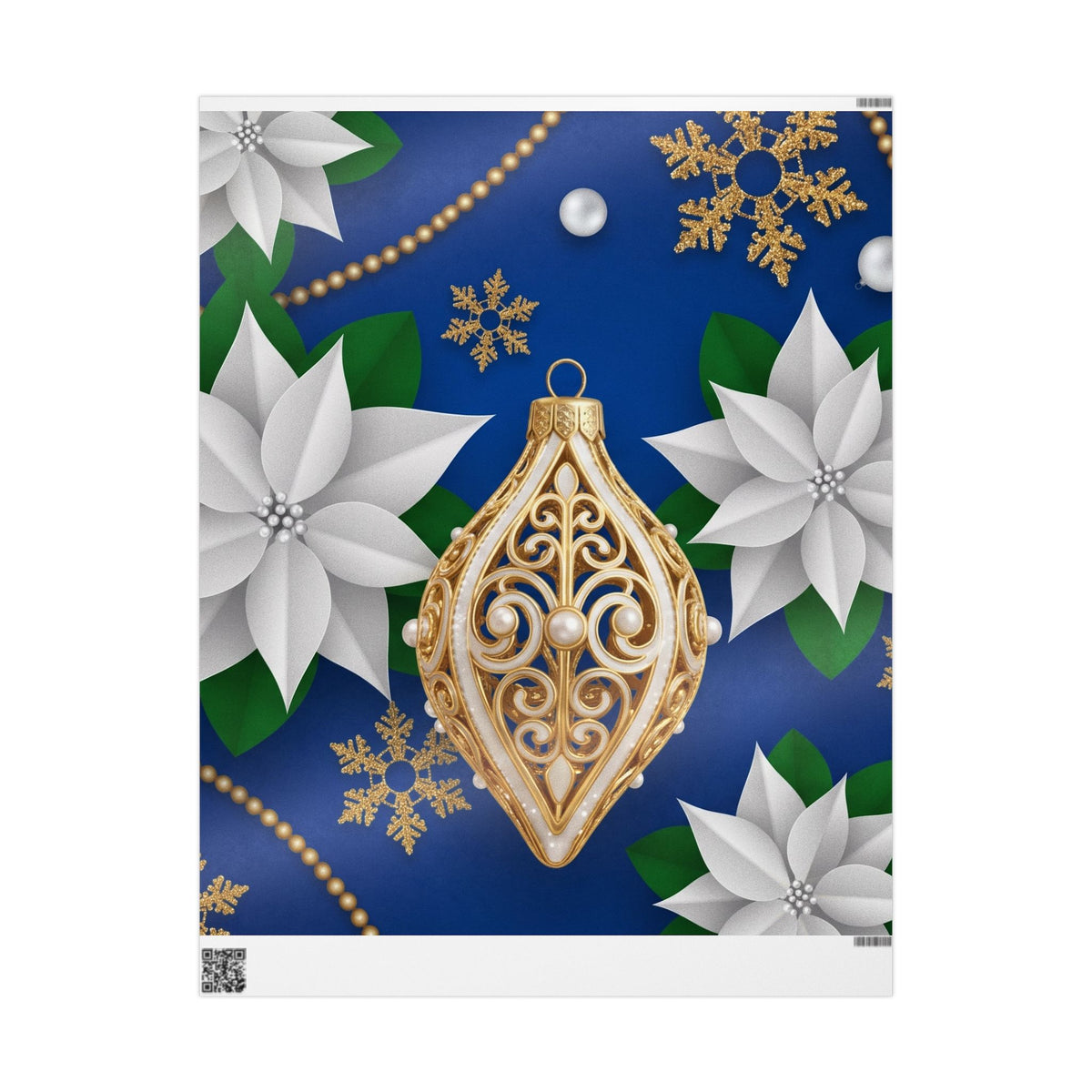 Blue & Gold Ornament Poinsettia Gift Wrap — Navy Blue Christmas Wrapping Paper