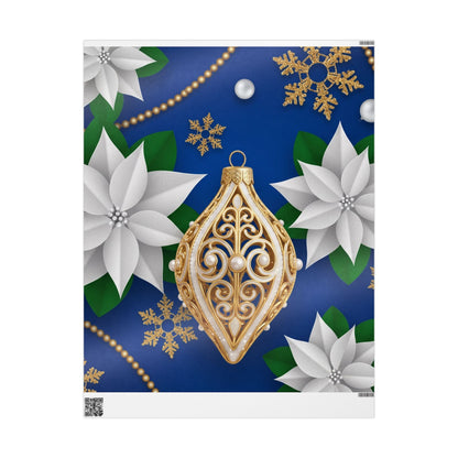 Blue & Gold Ornament Poinsettia Gift Wrap — Navy Blue Christmas Wrapping Paper
