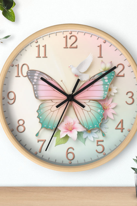 Pastel Butterfly Wall Clock — Floral Dove Decorative Clock for Nursery & Bedroom by Grace Canvas Shop