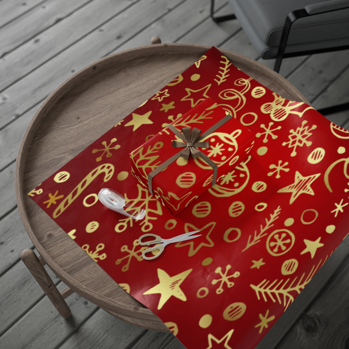 Festive Red & Gold Holiday Wrapping Paper Roll — Elegant Star and Swirl Gift Wrap