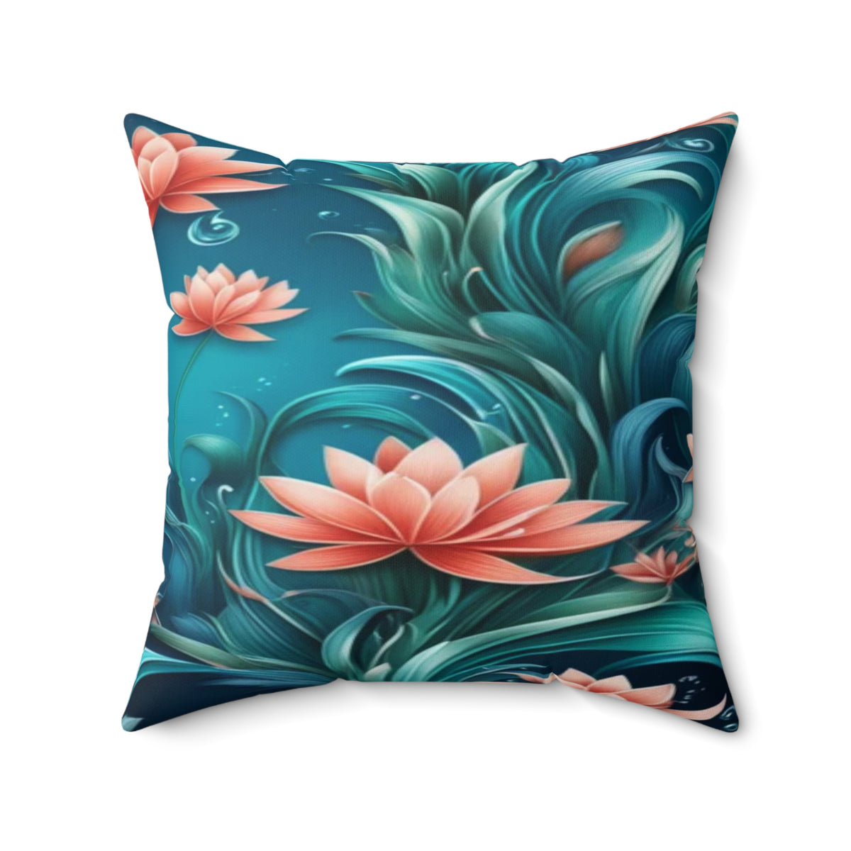 Aquatic Square Floral Throw Pillow — Teal & Coral Decorative Cushion