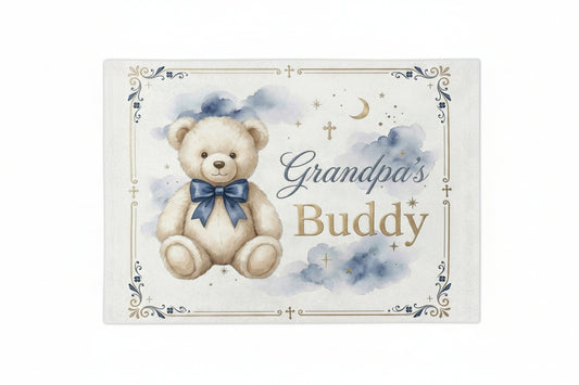 Baby Swaddle Blankets with teddy bear and text 'Grandpa's Buddy' on a decorative background