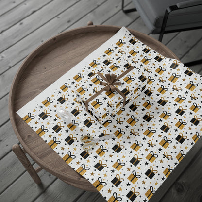 Gift Wrap Paper - Gold & Black Presents Pattern, Celebration Wrapping Paper