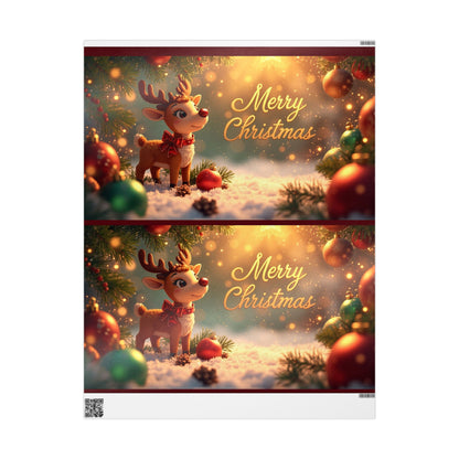 Christmas Reindeer Wrapping Paper Roll — Festive Holiday Gift Wrap with Cute Reindeer & Wreaths