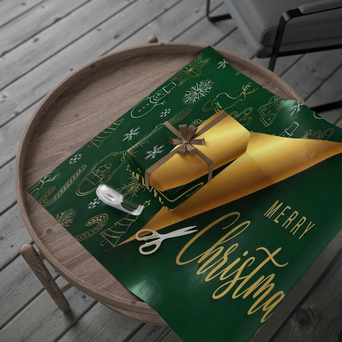 Christmas Green & Gold Wrapping Paper Roll — Elegant Holiday Gift Wrap with "Merry Christmas"
