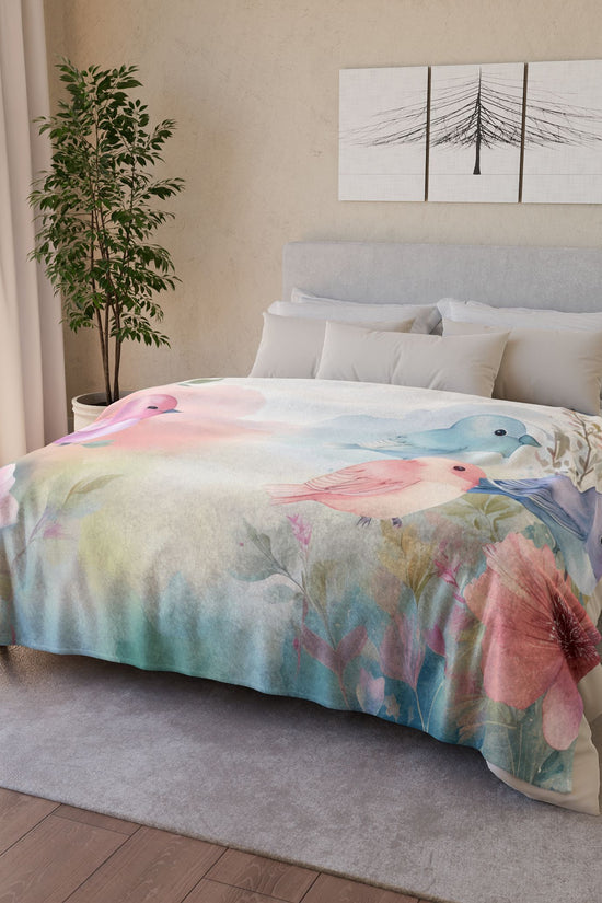 Pastel Bird Floral Blanket - Soft Polyester Throw by Grace Canvas Shop