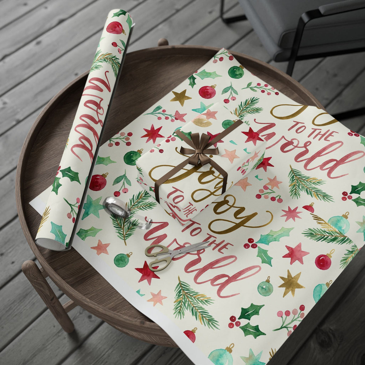 Joy to the World Christmas Wrapping Paper — Festive Watercolor Ornaments & Pine