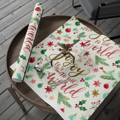 Joy to the World Christmas Wrapping Paper — Festive Watercolor Ornaments & Pine