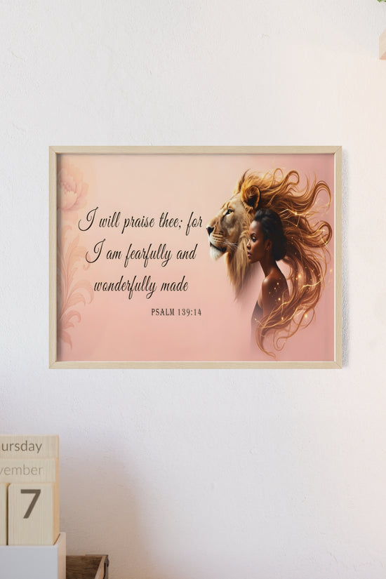 Fearfully & Wonderfully Made Wooden-Framed Poster — Psalm 139:14 Lion & Woman Wall Art