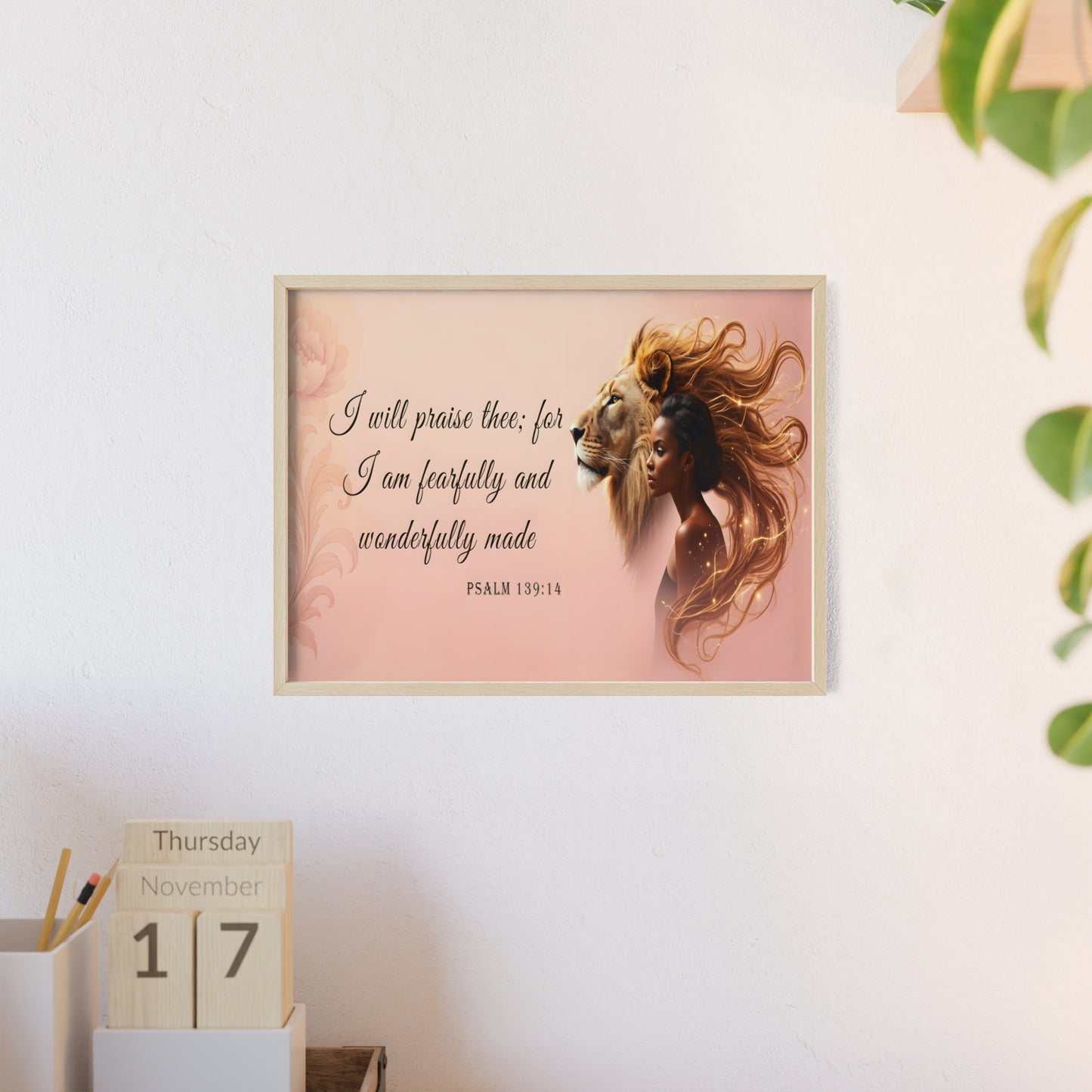 Fearfully & Wonderfully Made Wooden-Framed Poster — Psalm 139:14 Lion & Woman Wall Art