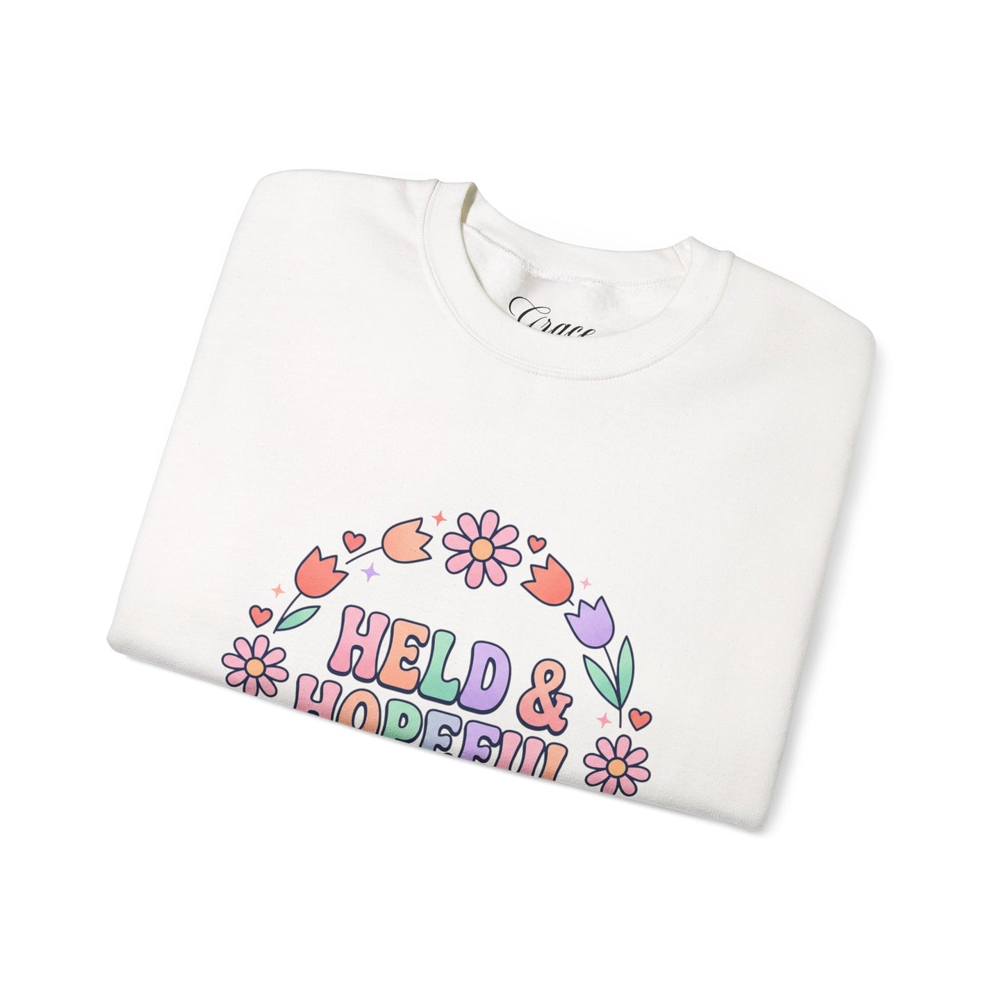 Held & Hopeful in Jesus Sweatshirt | Colorful Pastel Christian Encouragement