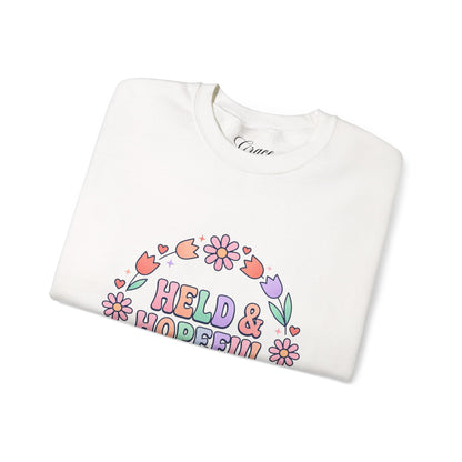 Held & Hopeful in Jesus Sweatshirt | Colorful Pastel Christian Encouragement