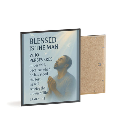 Blessed Is The Man Prayer Poster with Wooden Frame — James 1:12 Inspirational Wall Art