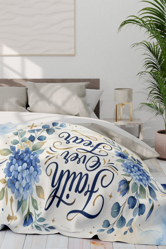 Faith Over Fear Fleece Blanket – Blue Floral Inspirational Throw
