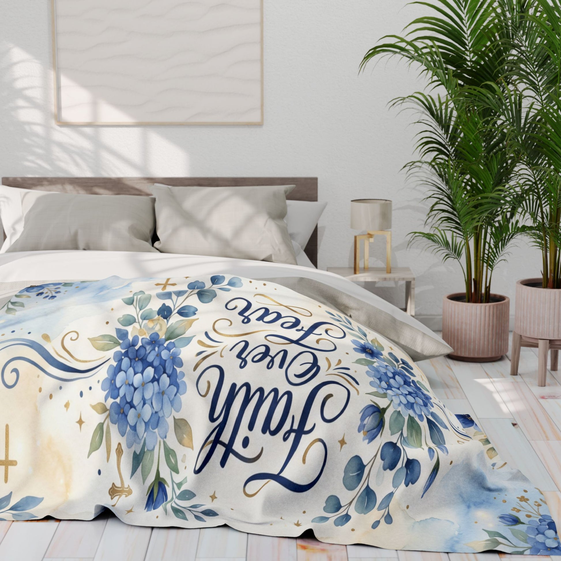 Faith Over Fear Fleece Blanket – Blue Floral Inspirational Throw