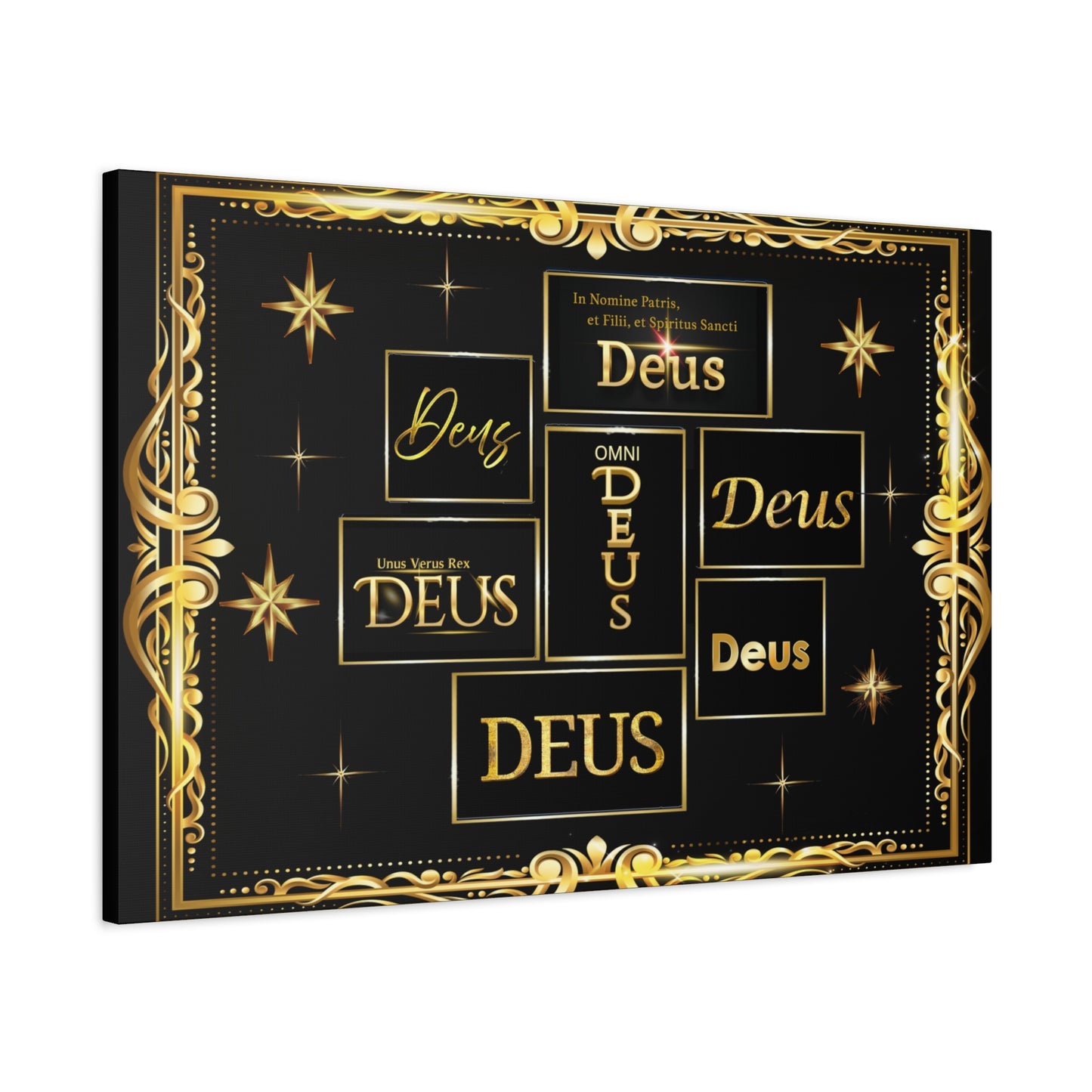 Deus Gold Script Matte Canvas Wall Art  Black & Gold Religious Typography