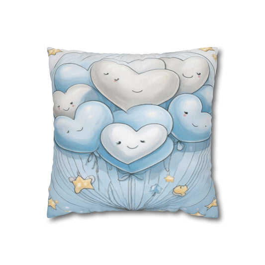 Blue Smiling Heart Balloons Square Pillowcase — Cute Nursery Decorative Throw Pillow Cover