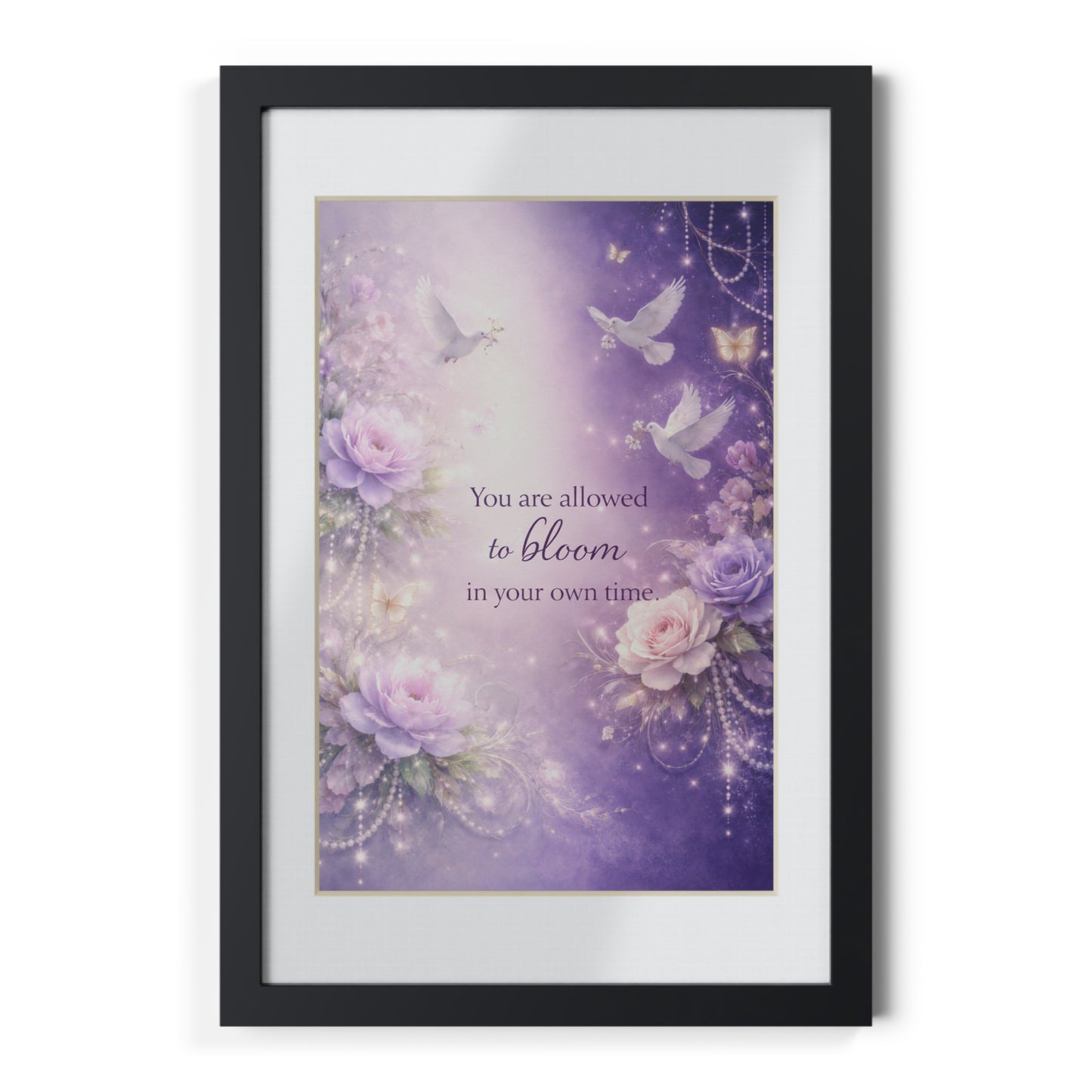 Inspirational Floral Framed Poster — "You Are Allowed to Bloom in Your Own Time" (Black Frame)