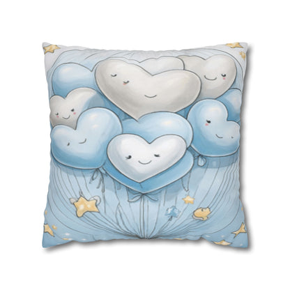 Blue Smiling Heart Balloons Square Pillowcase — Cute Nursery Decorative Throw Pillow Cover