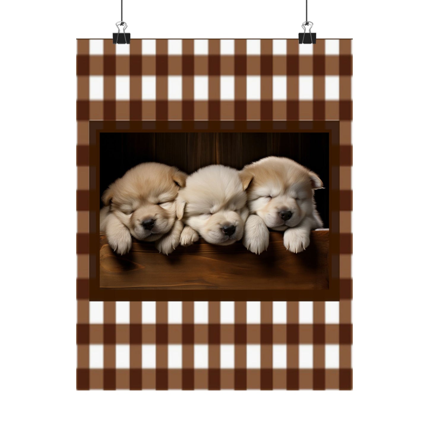 Sleeping Puppies Satin Poster — Cute Puppy Wall Art with Brown Gingham Border by Grace Canvas Shop