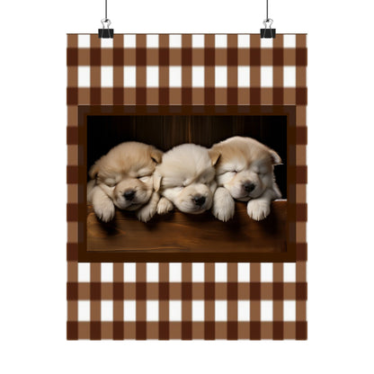 Sleeping Puppies Satin Poster — Cute Puppy Wall Art with Brown Gingham Border by Grace Canvas Shop