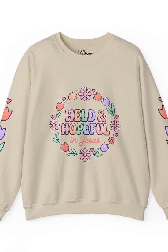 Held & Hopeful in Jesus Sweatshirt | Colorful Pastel Christian Encouragement