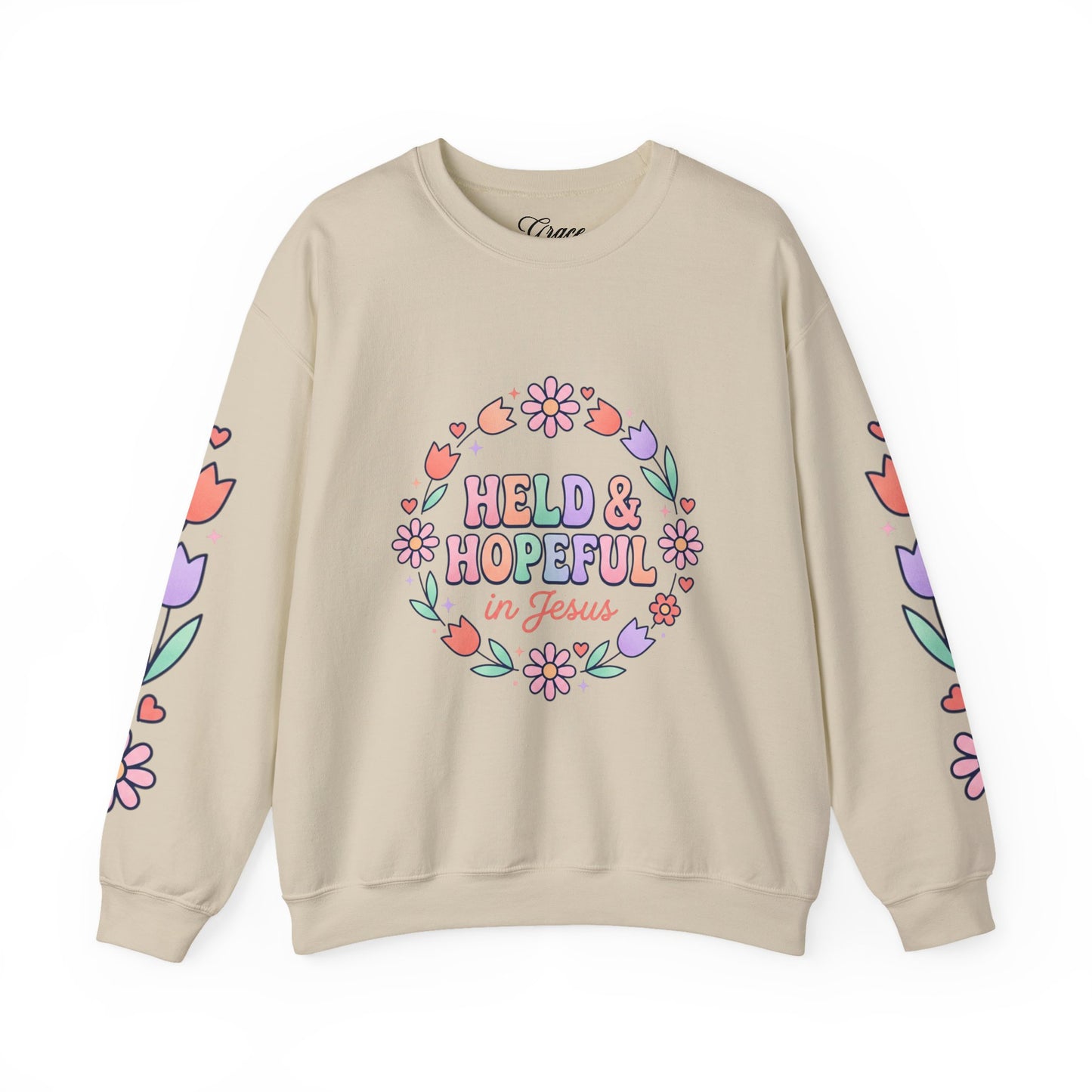 Held & Hopeful in Jesus Sweatshirt | Colorful Pastel Christian Encouragement