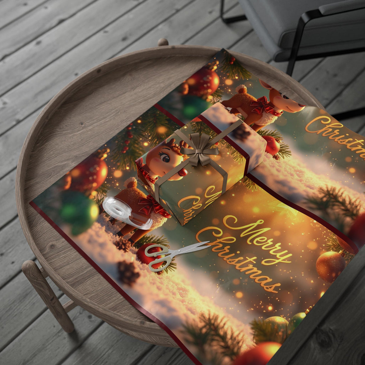 Christmas Reindeer Wrapping Paper Roll — Festive Holiday Gift Wrap with Cute Reindeer & Wreaths