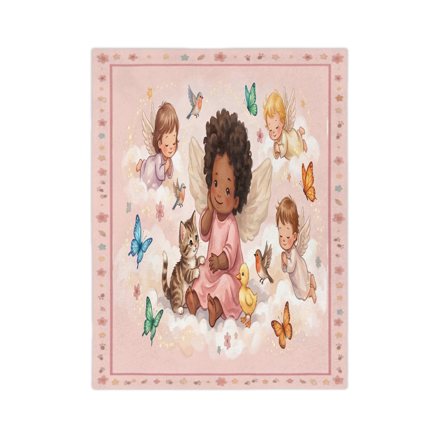 Angel Baby Blanket – Pink Velveteen Microfiber with Cute Angels & Butterflies