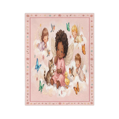 Angel Baby Blanket – Pink Velveteen Microfiber with Cute Angels & Butterflies