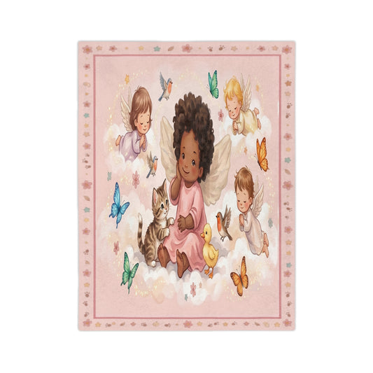 Angel Baby Blanket – Pink Velveteen Microfiber with Cute Angels & Butterflies