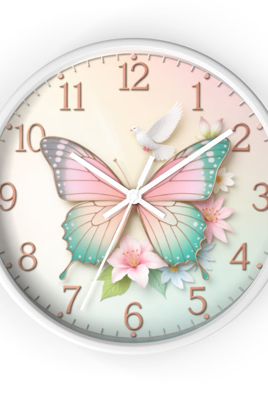 Pastel Butterfly Wall Clock — Floral Dove Decorative Clock for Nursery & Bedroom by Grace Canvas Shop