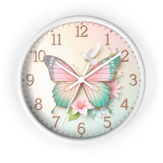 Pastel Butterfly Wall Clock — Floral Dove Decorative Clock for Nursery & Bedroom by Grace Canvas Shop