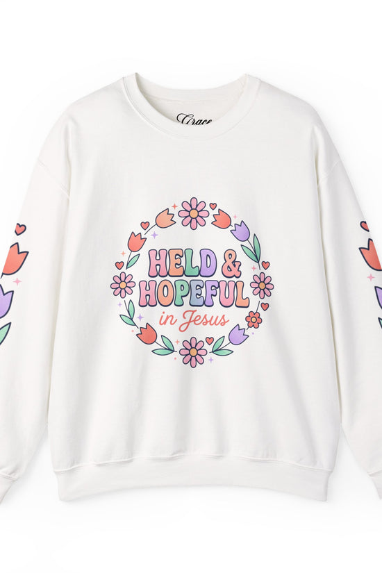 Held & Hopeful in Jesus Sweatshirt | Colorful Pastel Christian Encouragement