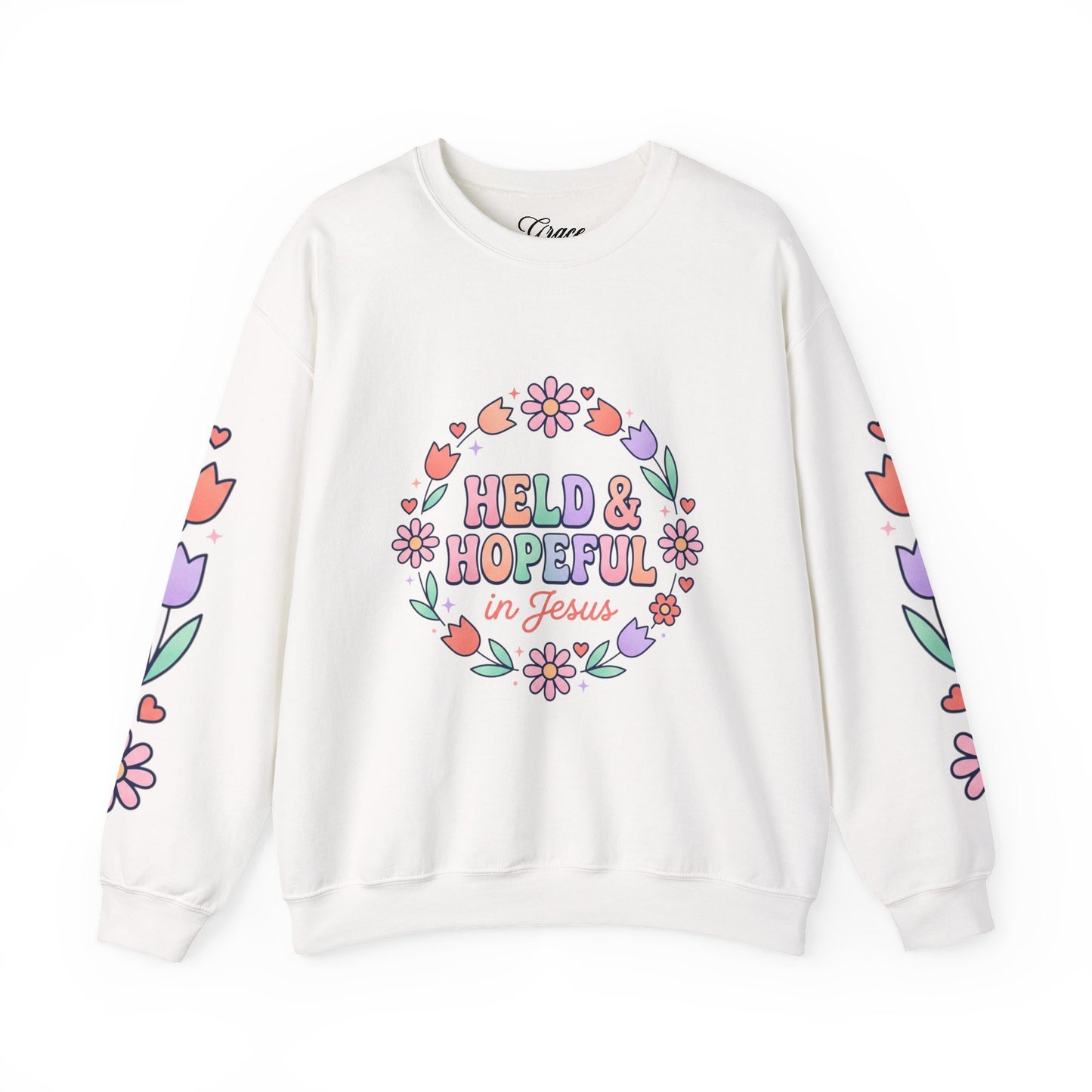 Held & Hopeful in Jesus Sweatshirt | Colorful Pastel Christian Encouragement