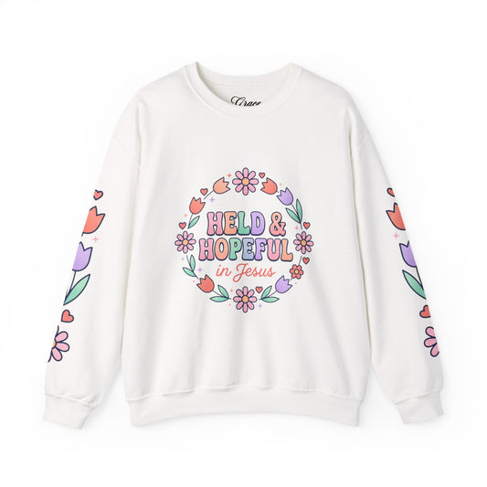 Held & Hopeful in Jesus Sweatshirt | Colorful Pastel Christian Encouragement