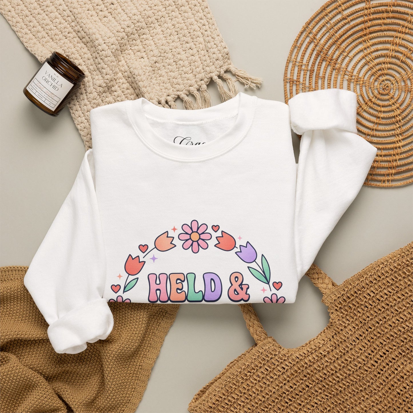 Held & Hopeful in Jesus Sweatshirt | Colorful Pastel Christian Encouragement