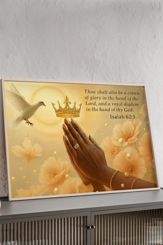 Isaiah 62:3 Crown & Praying Hands Framed Poster with Wooden Frame
