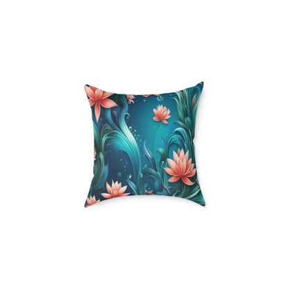 Floral Lotus Throw Pillow — Teal Watercolor Botanical Cushion
