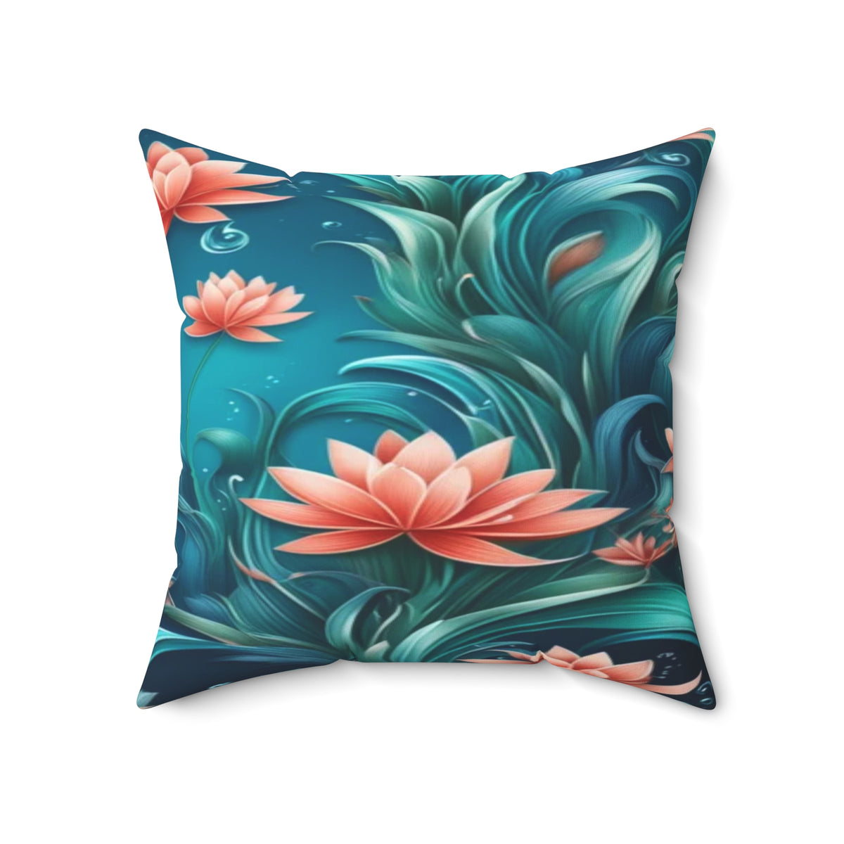 Aquatic Square Floral Throw Pillow — Teal & Coral Decorative Cushion