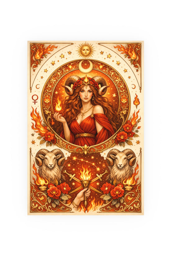 Aries Zodiac Art Poster — Fiery Goddess Illustration (Archival Matte) by Grace Canvas Shop