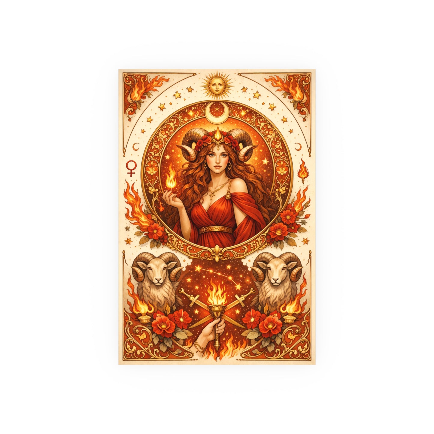Aries Zodiac Art Poster — Fiery Goddess Illustration (Archival Matte)